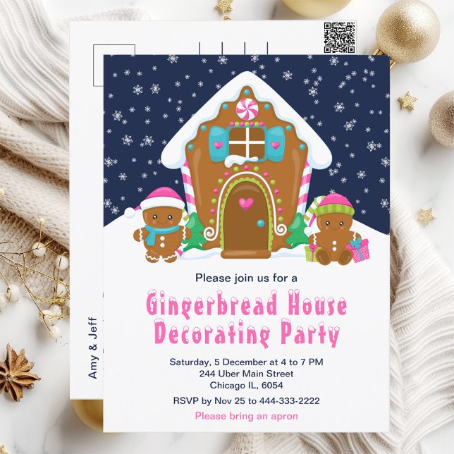 Gingerbread Decorating Party Navy Blue and Pink Postcard (Creator Uploaded)