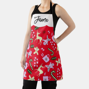 Gingerbread Deer Candycane Greenery Christmas Apron