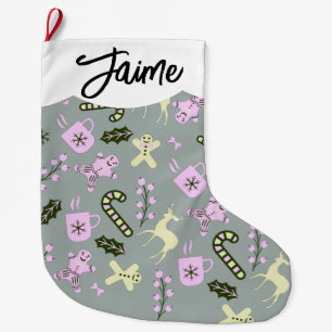 Gingerbread Deer Candycane Greenery Christmas     Large Christmas Stocking