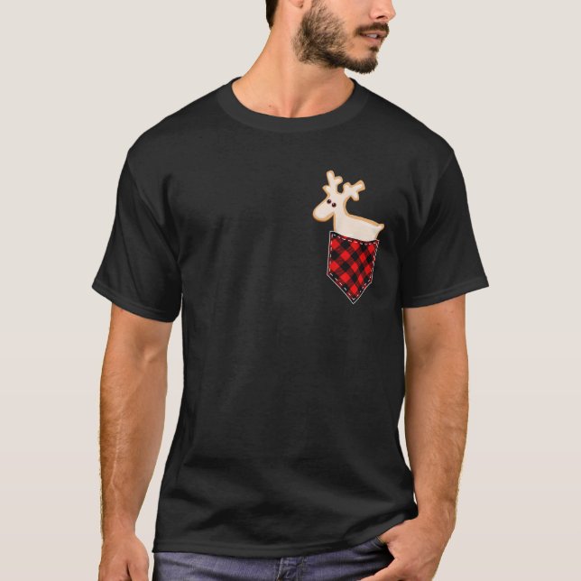 Gingerbread Deer Pocket Tee Cute Cookies Red Plaid (Front)