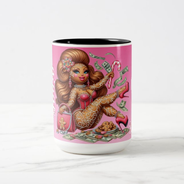 Gingerbread Diva Funny Urban Pink Christmas Two-Tone Coffee Mug (Center)