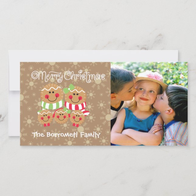 Gingerbread Faces Family of 5 Photo Christmas Card (Front)