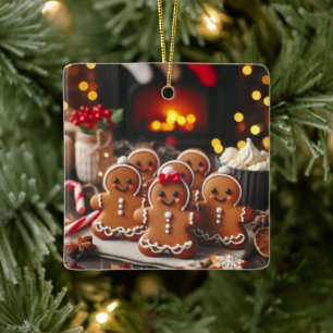 Gingerbread Family by the Fire Ceramic Ornament