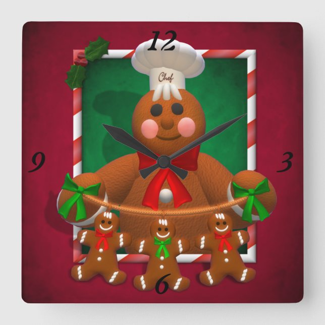 Gingerbread Family: Funny Baker Square Wall Clock (Front)