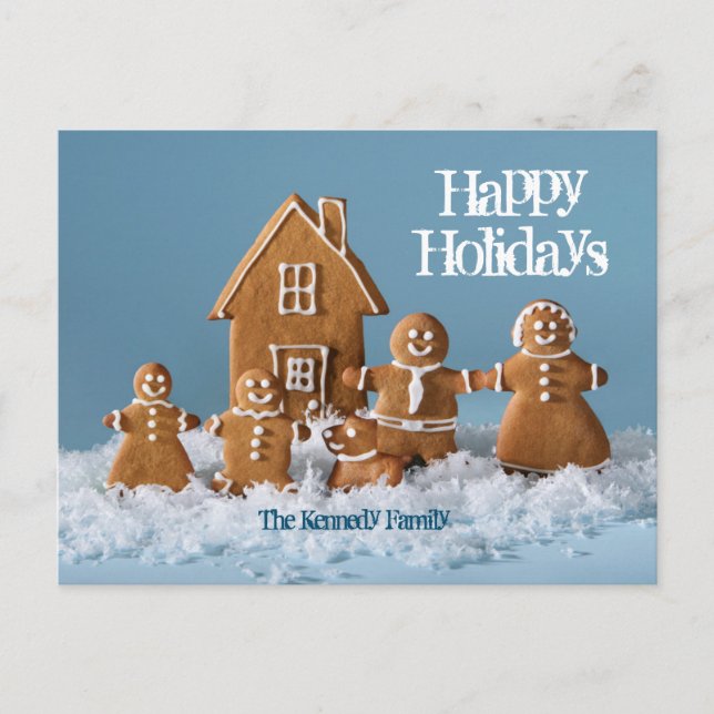 Gingerbread family in front of gingerbread house holiday postcard (Front)