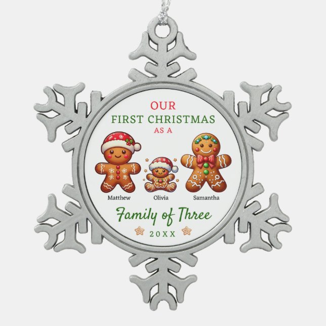 Gingerbread Family of Three First Christmas Snowflake Pewter Christmas Ornament (Front)