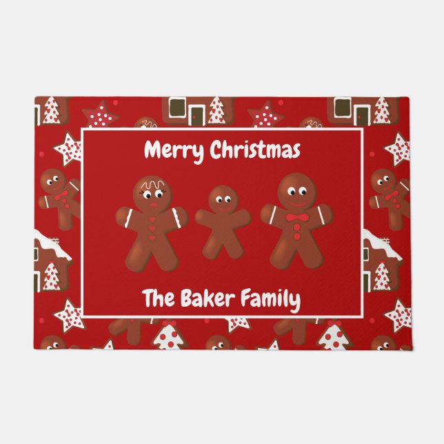 Gingerbread Family of Three Merry Christmas Red Doormat (Front)