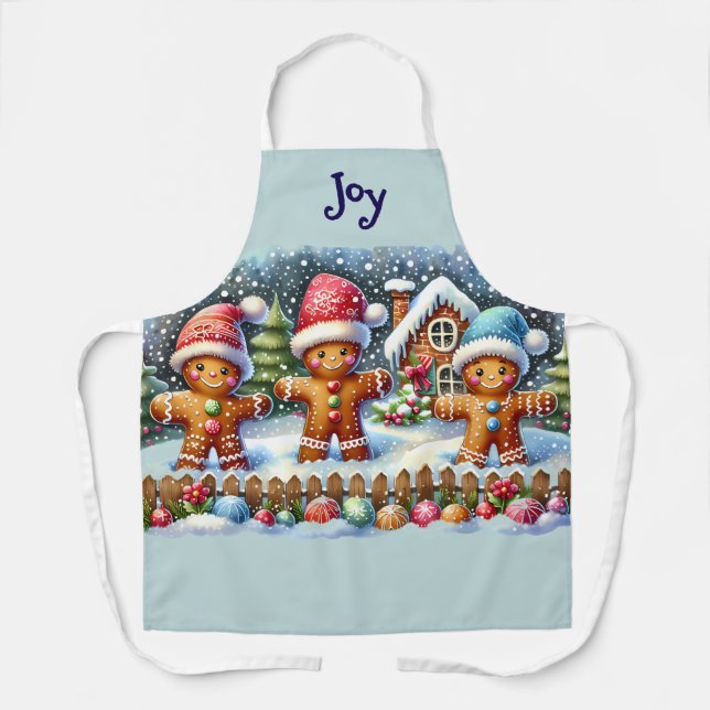 Gingerbread Family Snowy Christmas Scene Blue Apron (Front)