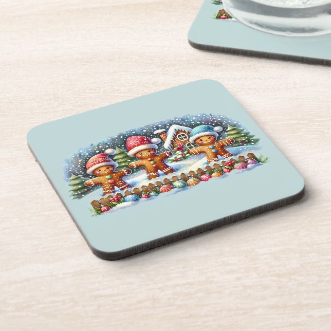 Gingerbread Family Snowy Christmas Scene Coaster (Left Side)