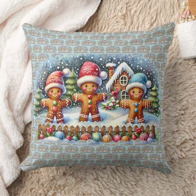 Gingerbread Family Snowy Christmas Scene Cushion (Blanket)