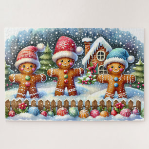 Gingerbread Family Snowy Christmas Scene Jigsaw Puzzle