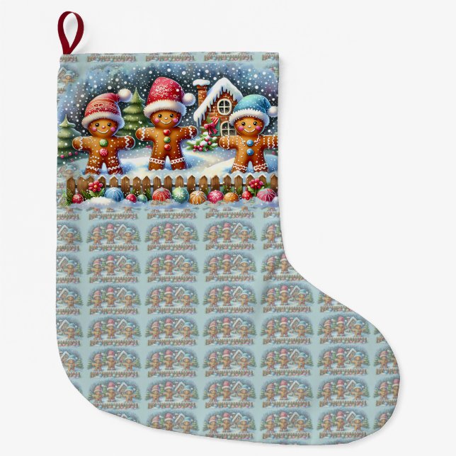 Gingerbread Family Snowy Christmas Scene Large Christmas Stocking (Front)