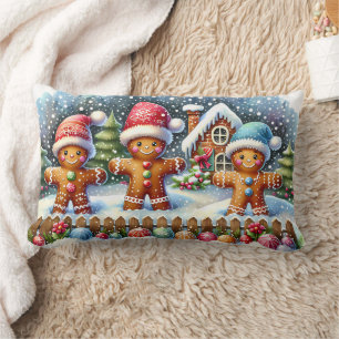 Gingerbread Family Snowy Christmas Scene Lumbar Cushion