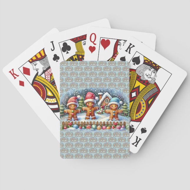 Gingerbread Family Snowy Christmas Scene Playing Cards (Back)