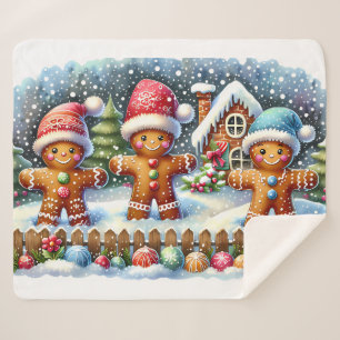 Gingerbread Family Snowy Christmas Scene Sherpa Blanket
