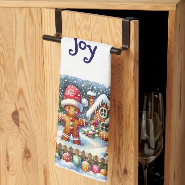 Gingerbread Family Snowy Christmas Scene Tea Towel (Thirds Fold)