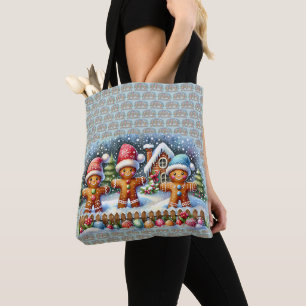 Gingerbread Family Snowy Christmas Scene Tote Bag