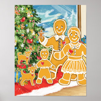 Gingerbread Family With Their Christmas Tree Poster