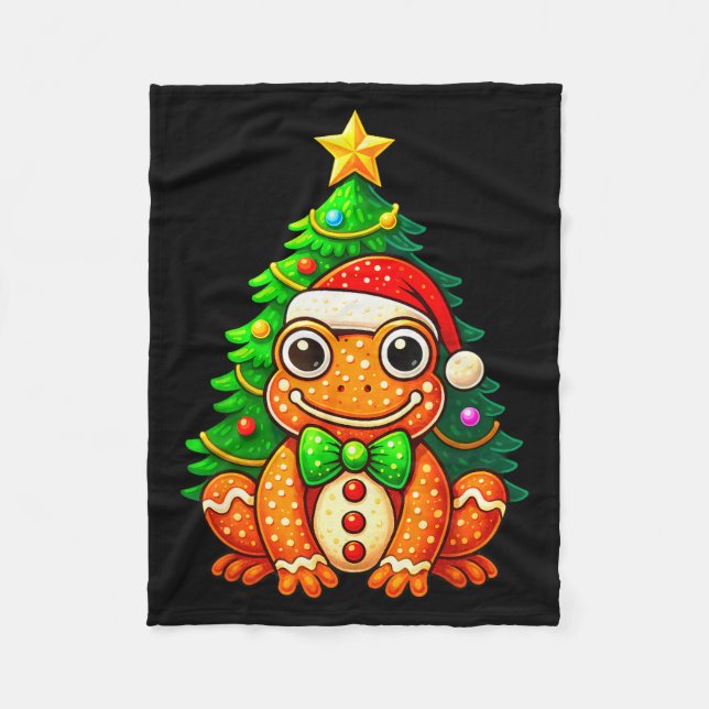 Gingerbread Frog Wearing Santa Hat Christmas Tree  Fleece Blanket (Front)
