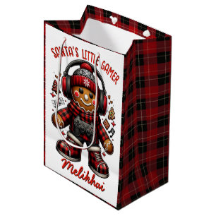Gingerbread Gamer Red & Black Plaid Christmas Medium Gift Bag
