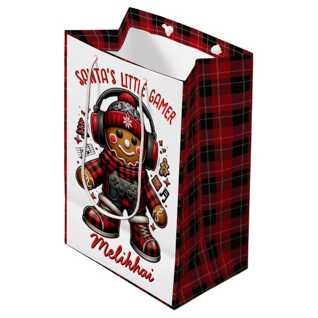 Gingerbread Gamer Red & Black Plaid Christmas Medium Gift Bag (Front Angled)