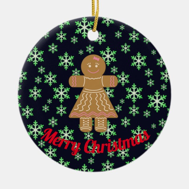 Gingerbread Girl and Green Snowflakes Ceramic Tree Decoration (Front)