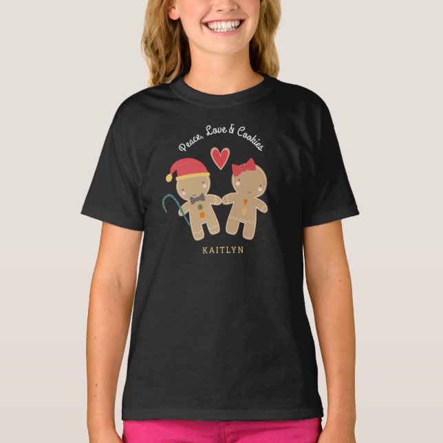 Gingerbread Girl Boy Holiday Peace Love Cookies  T-Shirt (Front)