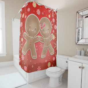 Gingerbread Girl Boy Peppermint Holiday Christmas Shower Curtain