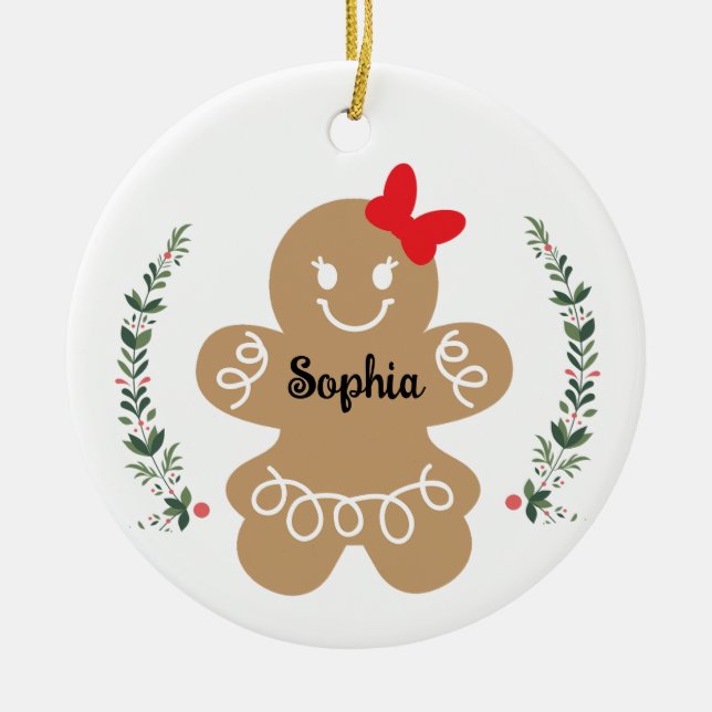 Gingerbread Girl Custom Christmas Holiday Ceramic Tree Decoration (Front)