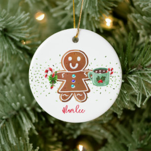 Gingerbread Girl NAME Christmas Candy Cane Cocoa Ceramic Tree Decoration