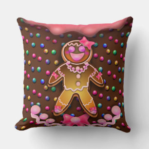 Gingerbread Girl Pink Sugar Icing Candy Dots Print Cushion