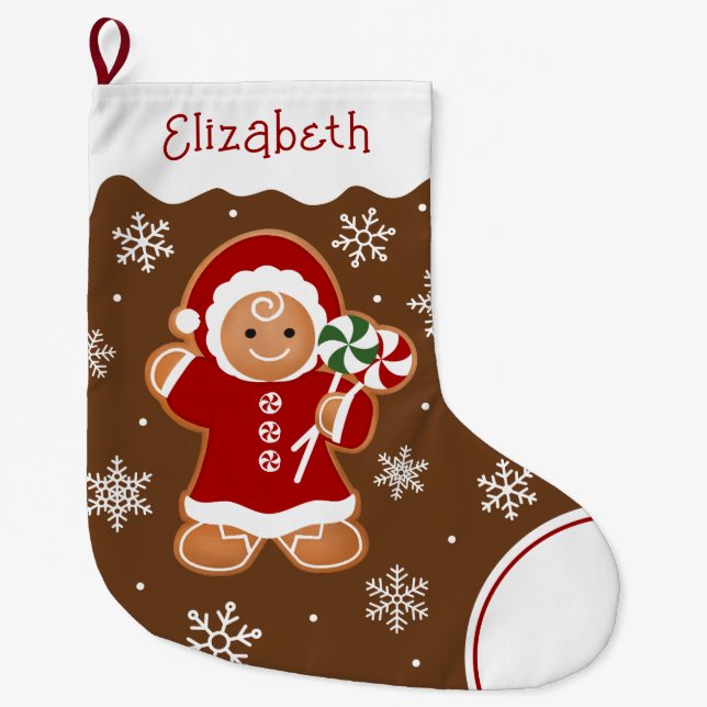 Gingerbread Girl with Peppermint Lollipops Large Christmas Stocking (Front)