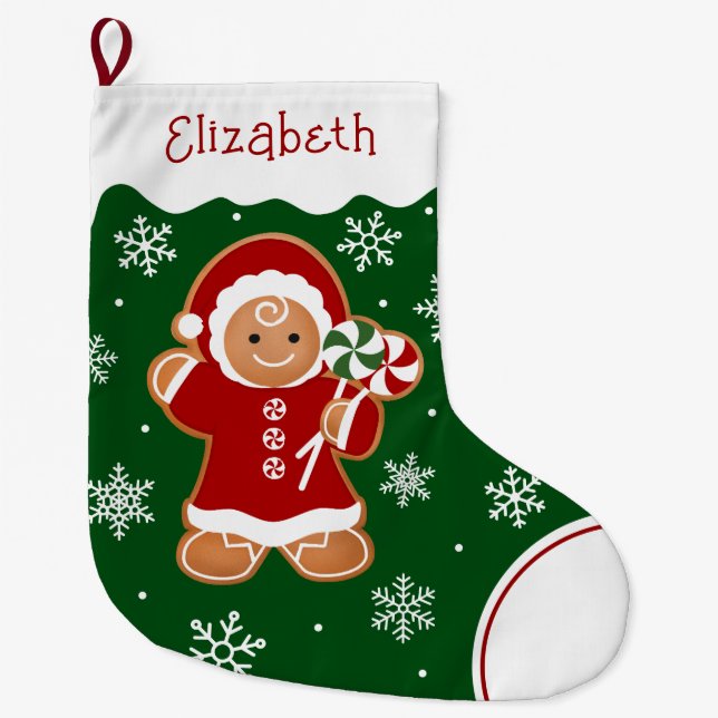Gingerbread Girl with Peppermint Lollipops Large Christmas Stocking (Front)