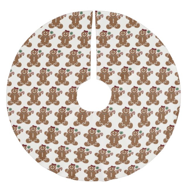 Gingerbread Girl with Red Bow and Sweets Brushed Polyester Tree Skirt (Front)