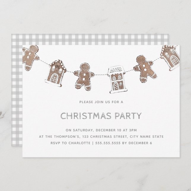Gingerbread Grey Gingham Christmas Party Holiday Invitation (Front/Back)