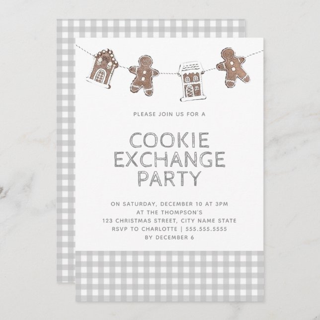 Gingerbread Grey Gingham Cookie Exchange Swap Invitation (Front/Back)