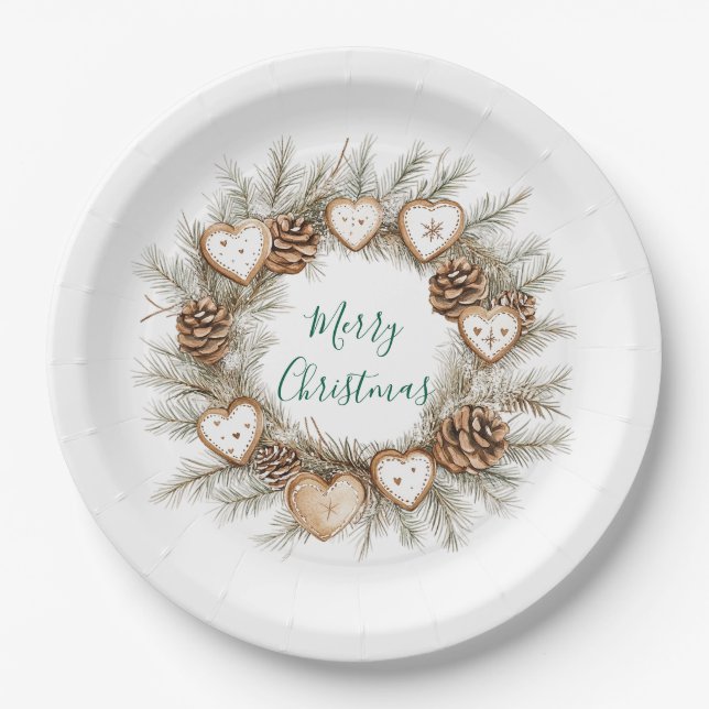 Gingerbread Hearts Pine Cones Wreath Christmas Paper Plate (Front)
