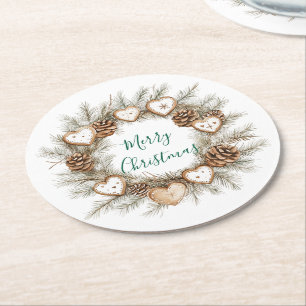 Gingerbread Hearts Pine Cones Wreath Christmas Round Paper Coaster
