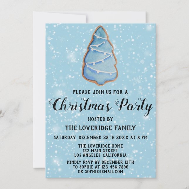Gingerbread Holiday Christmas Party Blue Tree Snow Invitation (Front)