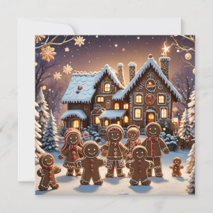 Gingerbread house and cute gingerbread family  holiday card
