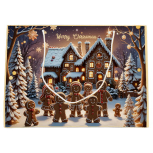 Gingerbread house and cute gingerbread family large gift bag
