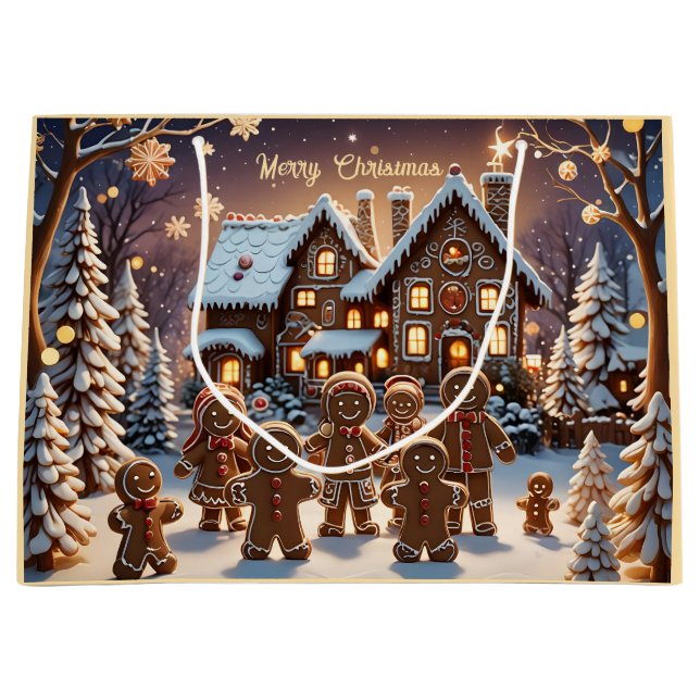 Gingerbread house and cute gingerbread family  large gift bag (Front)