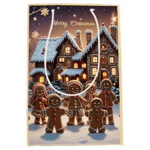 Gingerbread house and cute gingerbread family medium gift bag