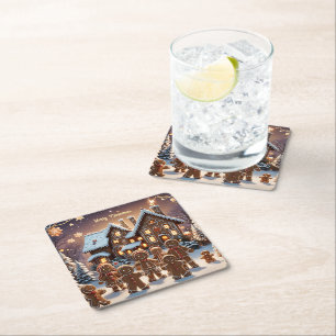 Gingerbread house and cute gingerbread family square paper coaster