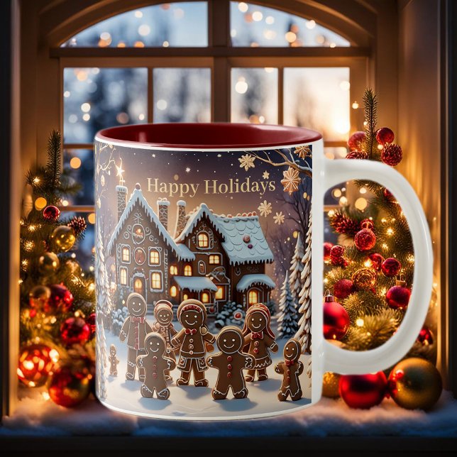 Gingerbread house and cute gingerbread family  Two-Tone coffee mug (Creator Uploaded)
