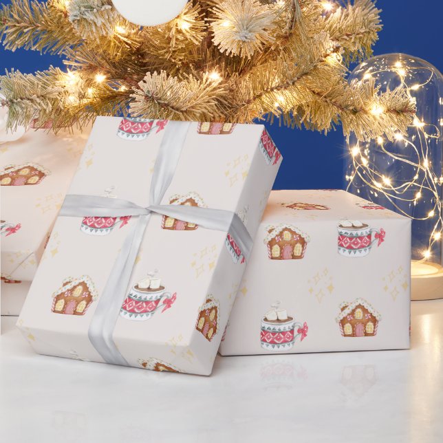 Gingerbread House and Hot Chocolate Christmas Wrapping Paper (Holidays)