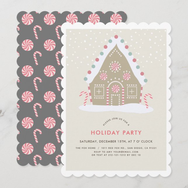 Gingerbread House Beige & Grey Holiday Party Invitation (Front/Back)