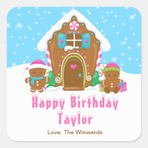 Gingerbread House Blue and Pink Happy Birthday Square Sticker