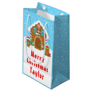 Gingerbread House Blue and Red Merry Christmas Small Gift Bag