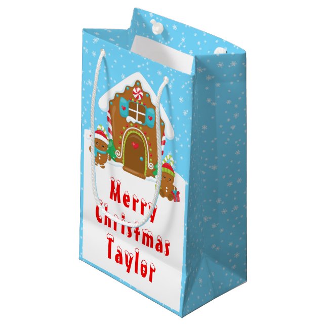 Gingerbread House Blue and Red Merry Christmas Small Gift Bag (Front Angled)